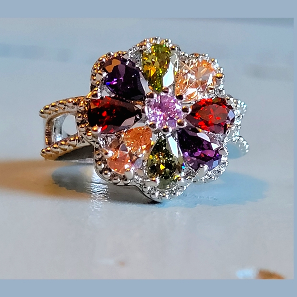 FLOWER MULTI-COLORED GEM RING - Picture 4 of 11